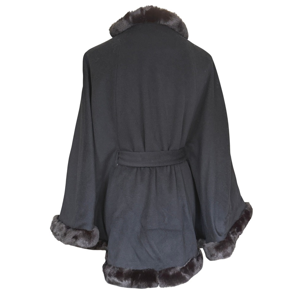 Ellen Tracy Wool Blend Faux Fur Trim Belted Poncho Cape Coat Black M Winter Glam - Picture 4 of 16